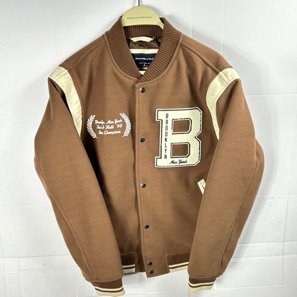Abercrombie Fitch Size S Varsity Jacket Brooklyn New York Track 1995 Brown Beige - Picture 12 of 12